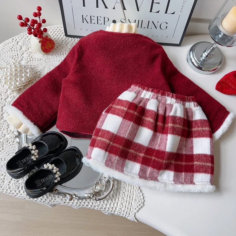 Girls' Chinese Style Winter New Baby Girl New Chinese Style Frayed Coat and Skirt Two-Piece Set