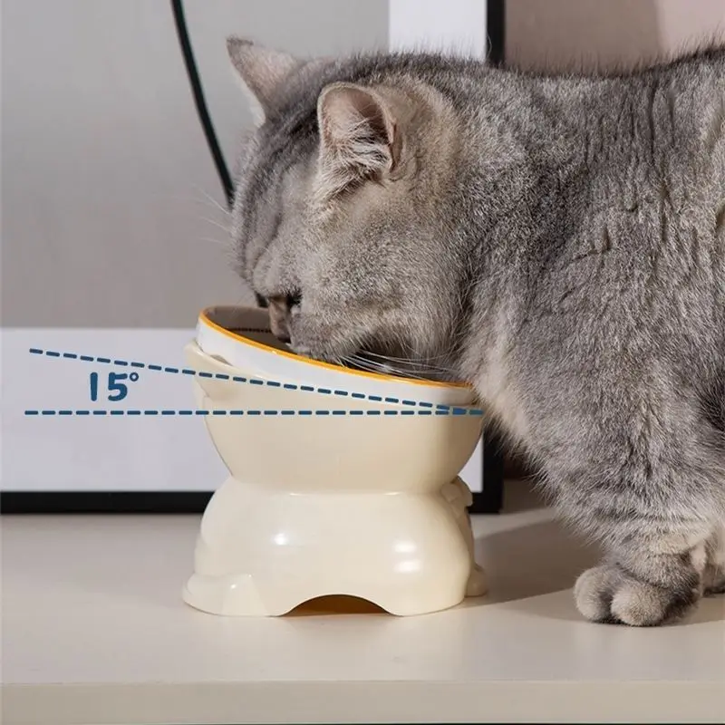 Cute Ceramic Cat Bowls with Base,Neck Protection Cat Food Bowl,High Footed Drinking Basin,Slanted Mouth Anti Black Chin Pet Bowl