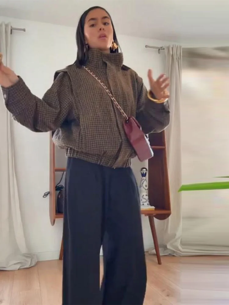 

Vintage Houndstooth Women's Jacket Chic Stand Collar Zipper Short Coat Versatile Plaid Long Sleeve Outwear 2025 New Lady Coats