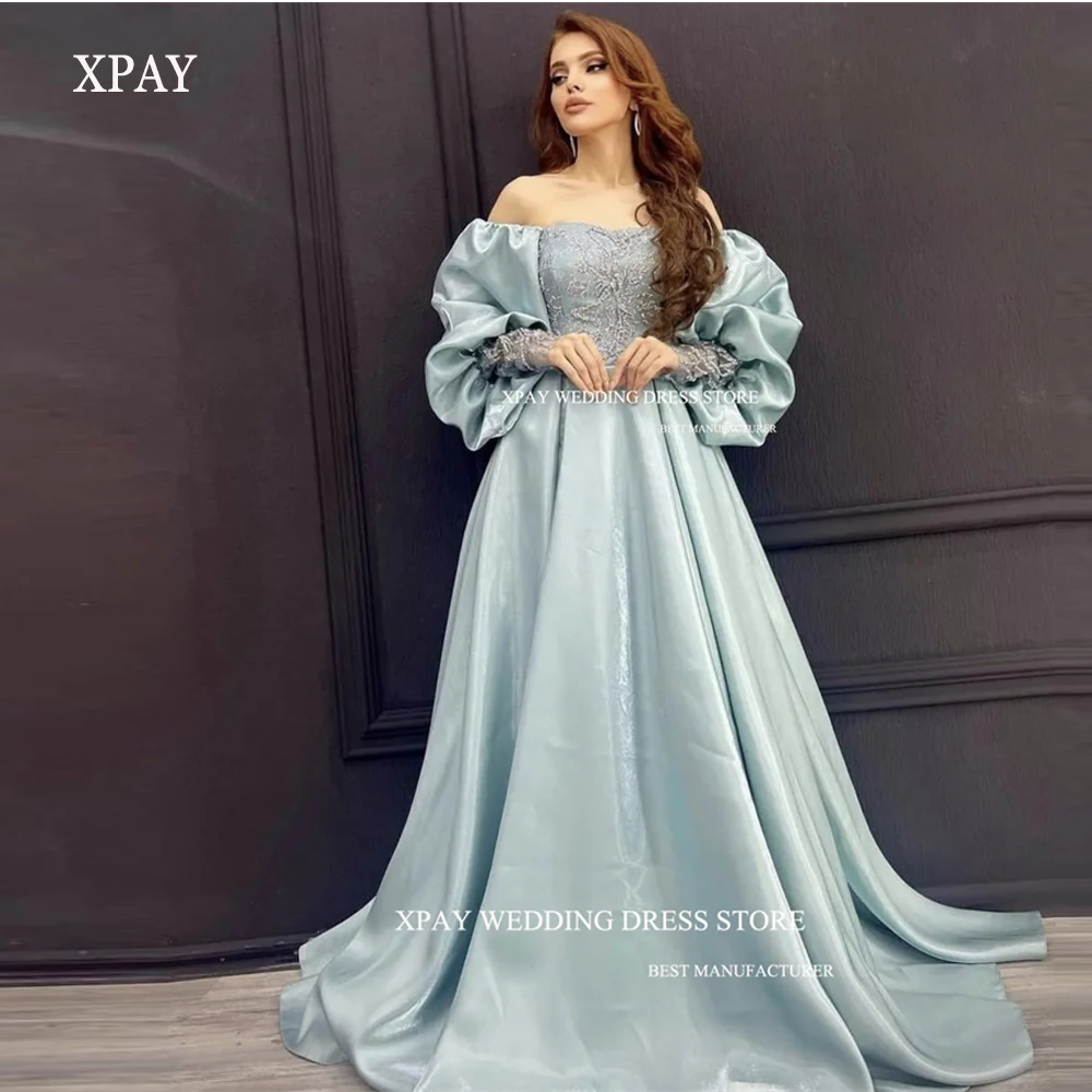 

XPAY Dubai Arabic Women Evening Dresses Off the Shoulder Puff Long Sleeves Lace Silk Prom Gowns Formal Occasion Dress 2023