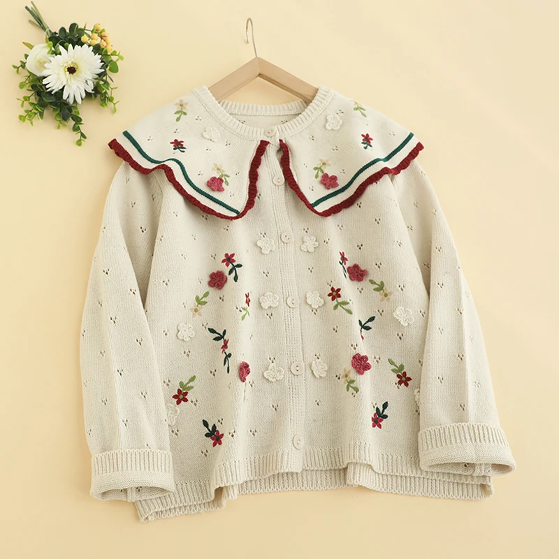 Autumn New Sweet Mori Style Embroidered Knitted Sweater Women Long Sleeve Single Breasted Sweater D197