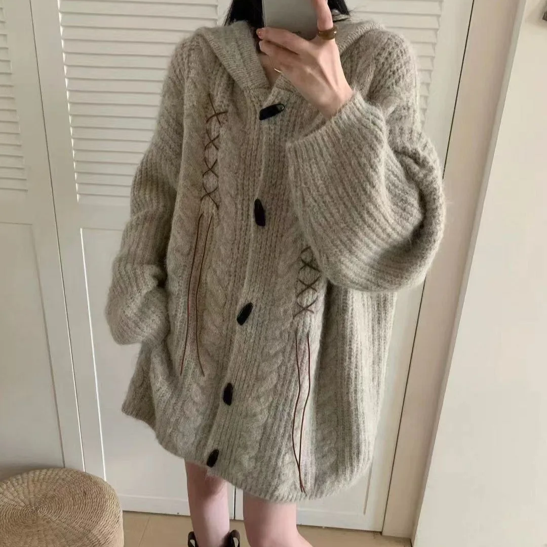 

Hooded Knitted Women Cardigan Sweaters Y2k Jumpers Rabbit Ears Long Sleeve Single Breasted Loose Fit Casual 2025 Autumn Winter