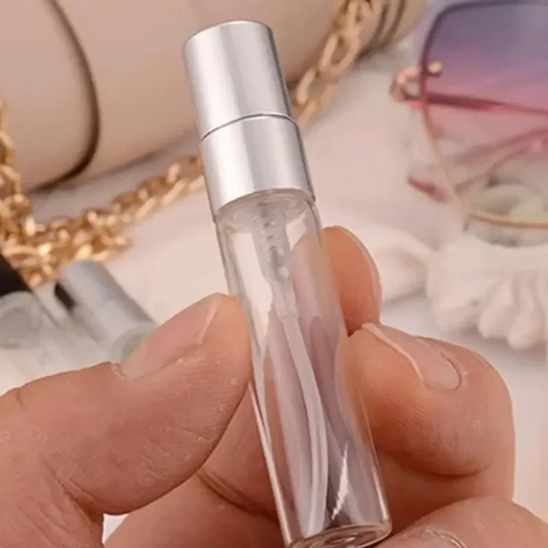 空の透明なガラスの香水瓶,アルミニウムスプレーヘッド,ポータブルトラベルディスペンサー,5ml, 10ml, 15ml, 5個