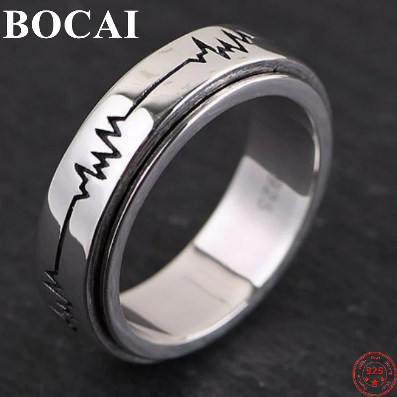 BOCAI S925 Sterling Silver Rings New Fashion Electrocardiogram Modeling Rotatable Punk Pure Argentum Jewelry for Men Women