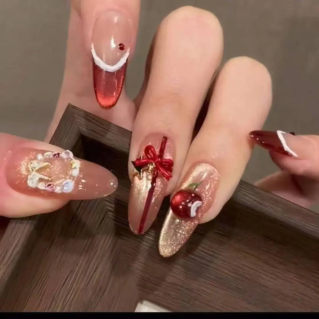 

10pcs Christmas Handmade Fake Nails Oval Press On Acrylic Nails with Red Bow Apple Design False Nails French Cat's eye Wearable