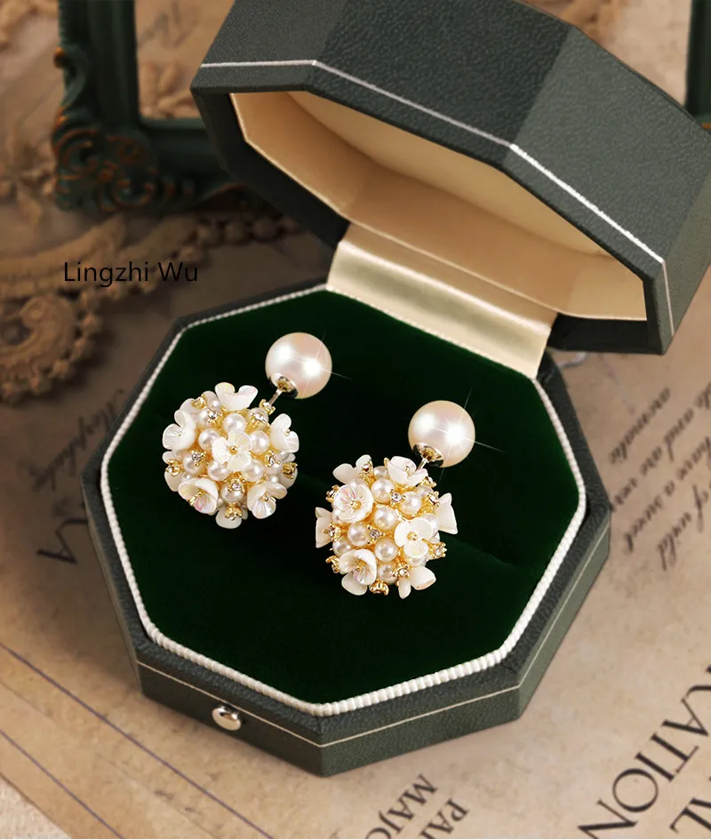 Lingzhi Wu Vintage Pearl Earrings for Female, Flower Stud, Luxury, New Arrival