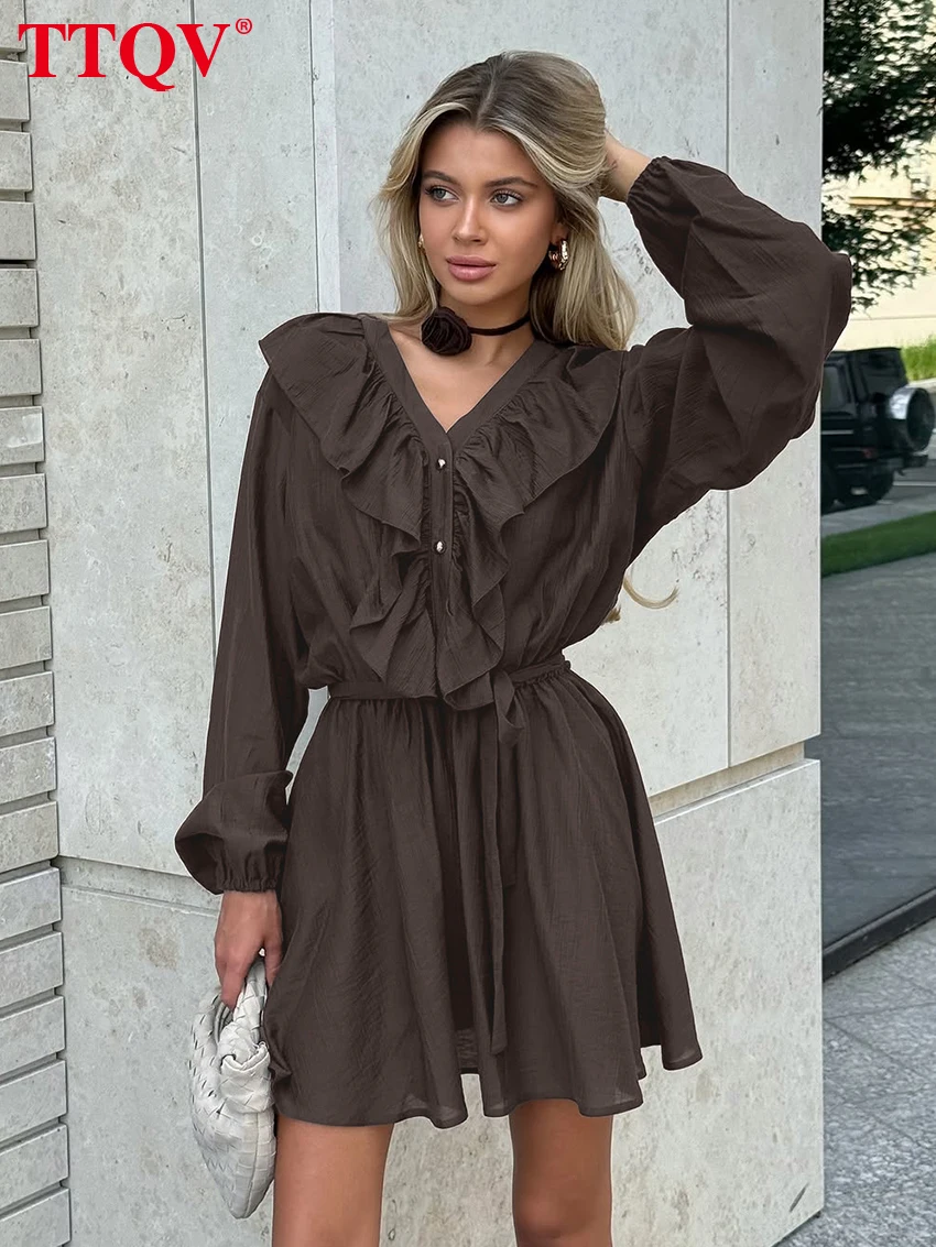 

TTQV Fashion Loose Brown Women's Dress 2026 Casual V-Neck Long Sleeve Mini Dresses Lady Elegant Classic Ruffles Female Dress