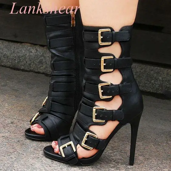 

Black Women's Open Toe Stiletto Heels Hollow Gladiator Sandals High Heel Ankle Boots Cutout Style Sexy Dress Shoes