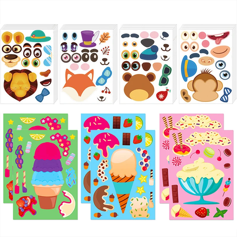 12sheet/set DIY Puzzle Sticker Cartoon Pattern Animal Ice Cream School Classroom Teaching Incentive Supplies Student Rewards TMZ