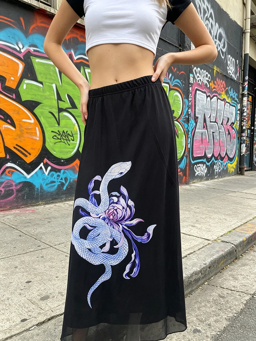 Goth Ladies Double Layer Chiffon Midi Skirt Ink Painting Snake Peony Print Elastic Waist Sheer Mesh Flowy Dark Street Long Skirt