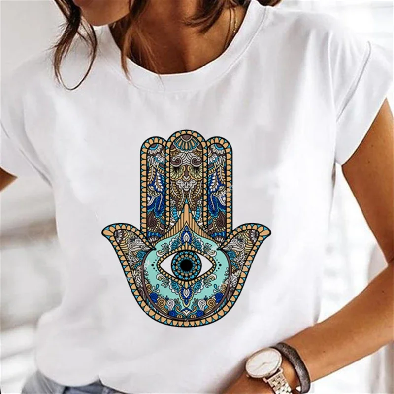 Sommer neue 90er Jahre Kurzarm Sommerkleid Hand von Hamsa Fatima Print O-Ausschnitt T-Shirt Top Mode Frauen lustige weiße T-Shirt.