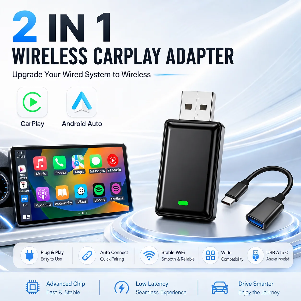 2-in-1 Wireless CarPlay Android Auto Adapter for iPhone & Android, Wired to Wireless USB Dongle, Plug & Play Fast Connection