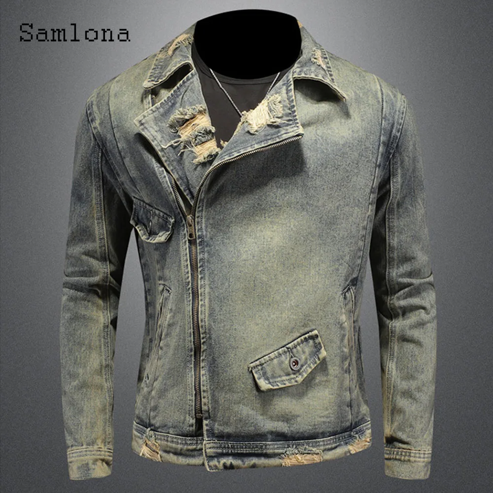 2025 New Spring Autumn Motocycle Denim Jackets Men Fashion Ripped Jean Denim Jacket Sexy Men's Notched Zipper Pockets Outerwear
