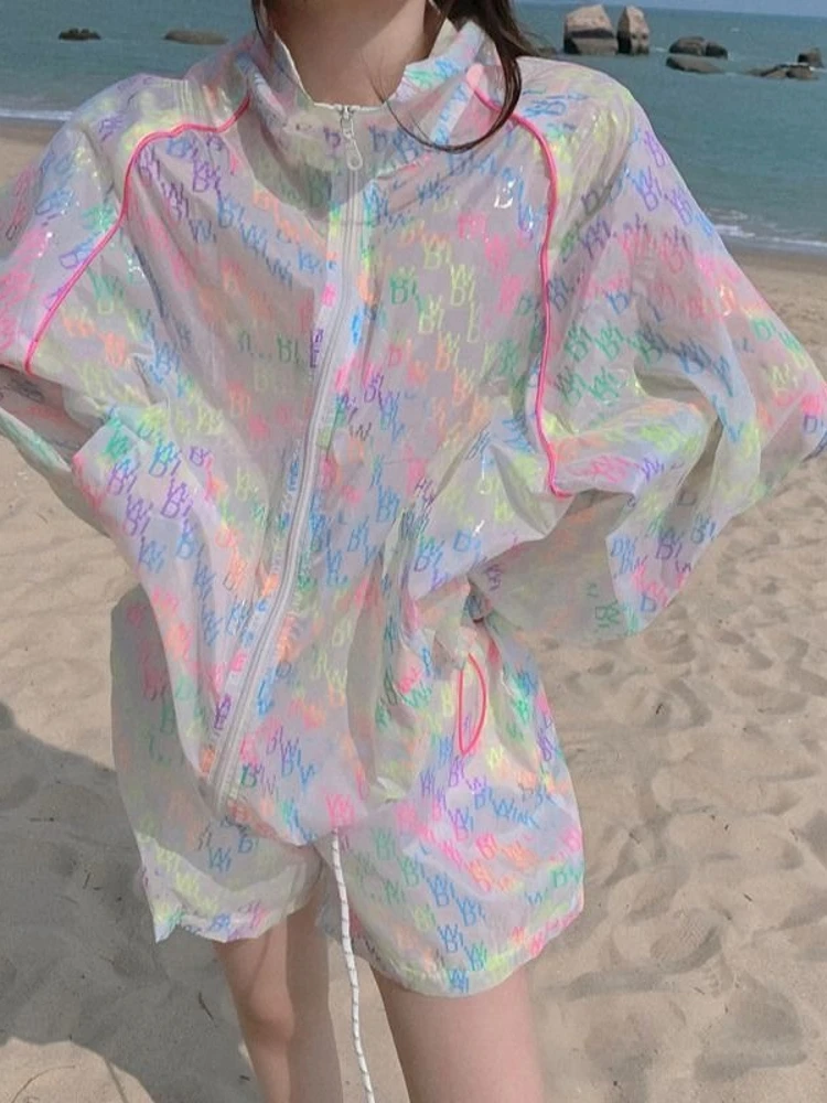 

Sun Protection Beach Holiday Women's Set Field Trip to Sanya Tropical Girl Sle Long Sve ort Pants Outwear Suitable