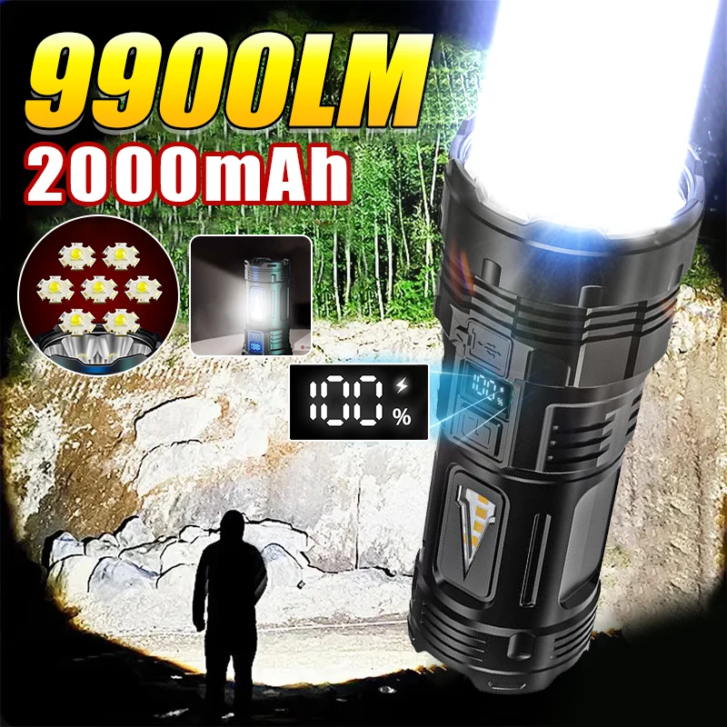 2024 High Power LED Flashlight Emergency Tactical Lantern With Built-in Battery Display Screen Type-C Rechargeable Hand Torch