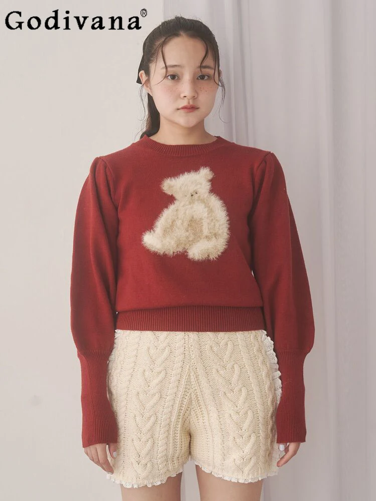 

Japanese Sweet Plush Bear Jacquard Sweater Spring Autumn 2025 Girls Women Fashion Casual Knitted Top Pullover Long Plaid Skirt