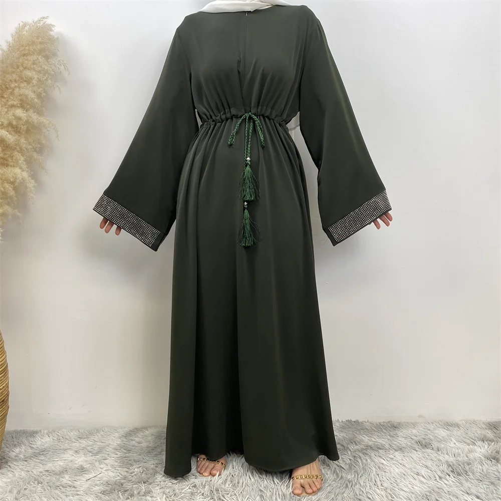 Muslim Women Fashion Long Dress Turkey Dubai women\'s pressed diamond patchwork lace dress Casual elegant robe with pockets