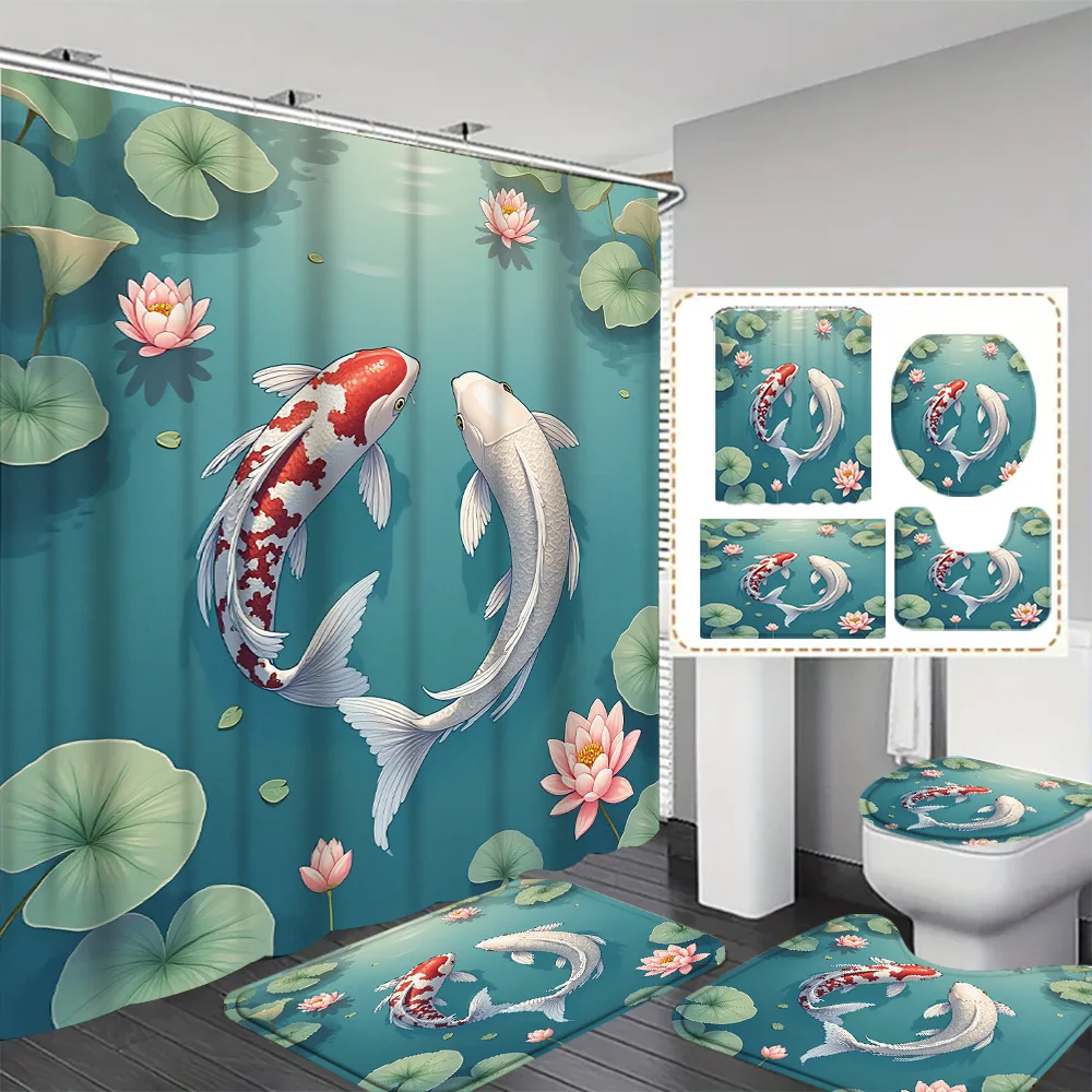 Large Tropical Koi Fish Lotus Floral Shower Curtain Polyester Bath Decor Waterproof Spa Bathroom Home Decoration Curtain
