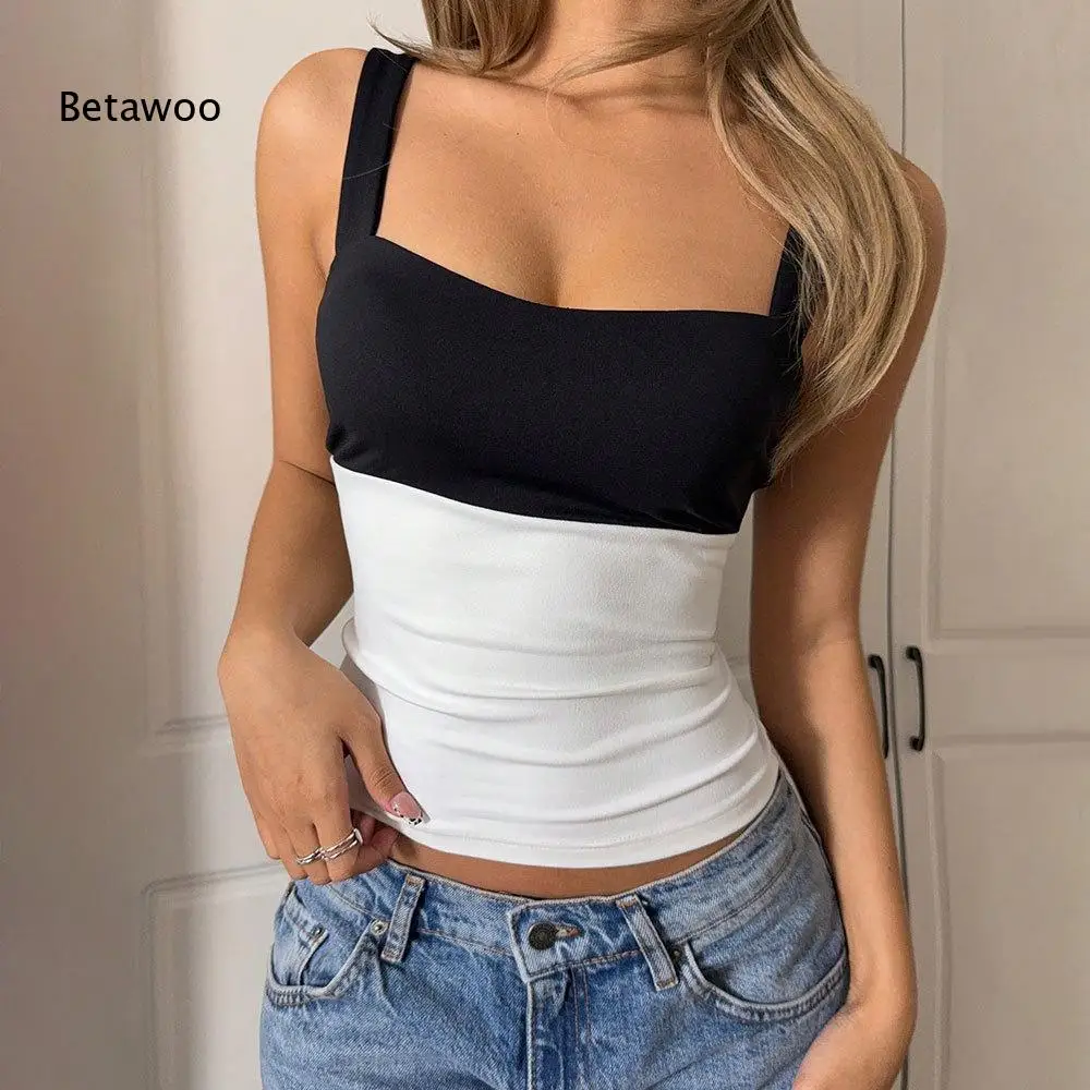 Women's Black White Color Block Square Neck Ruched Sleeveless Crop Cami Top