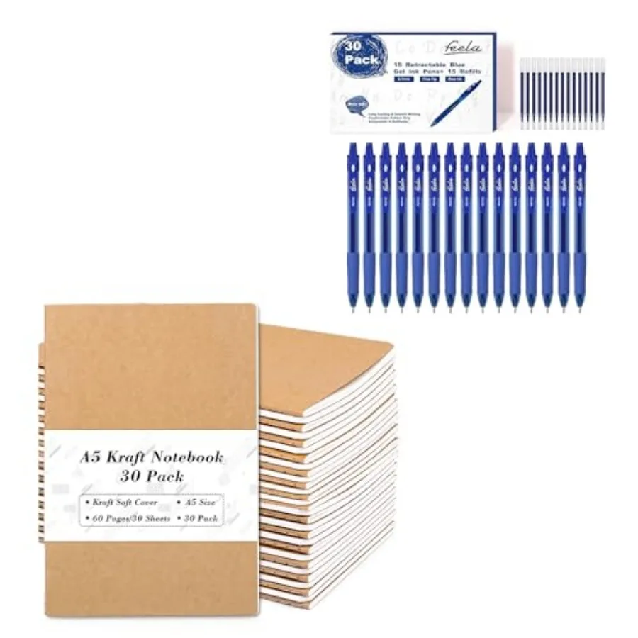 

Набор из 30 крафтовых блокнотов и 30 выдвижных гелевых ручек с синими чернилами