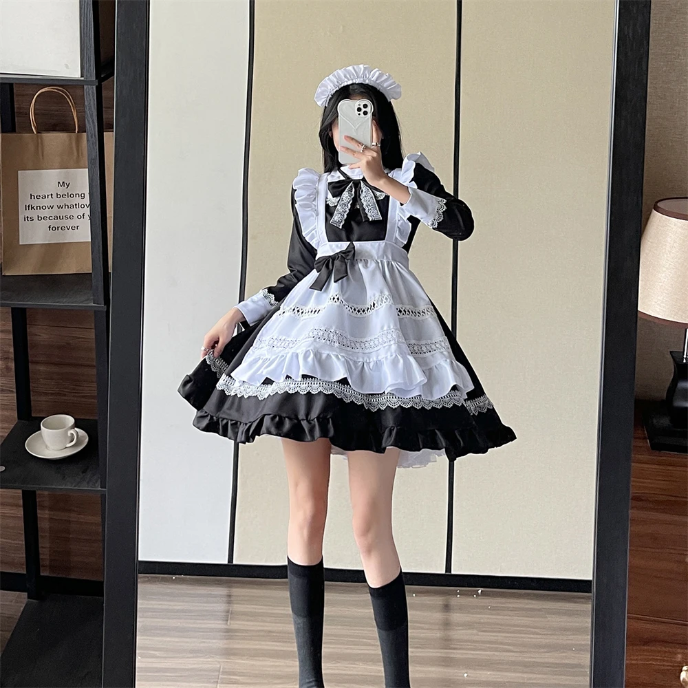 Mädchen britischen Stil lang ärmel ige Lolita Dienst mädchen Uniform schöne Cosplay Kostüm Outfits schwarz weiß niedlich Anime Cosplay Goth Kleid