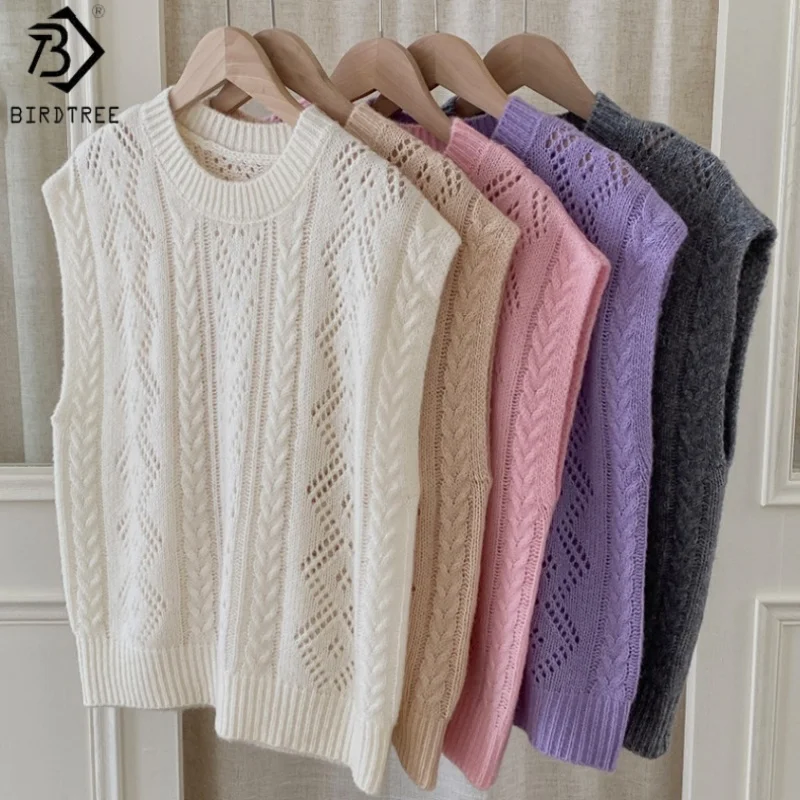 

Birdtree 31.8% Sheep Wool 3.9% Cashmere Waistcoat,Woman Jacquard Wool Blend Sleeveless O-neck Autumn Outerwear Vest T59220JF