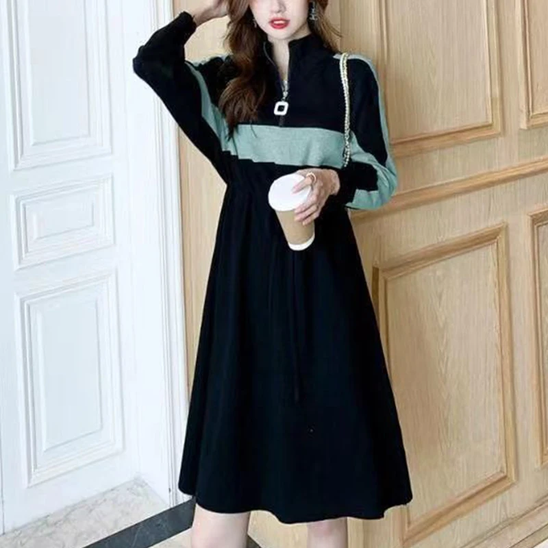 Autumn Winter Lapel Loose Casual Patchwork Sweatshirt Dress Ladies Long Sleeve Lace Up Waist Zipper Robe Vestidos Women Dresses