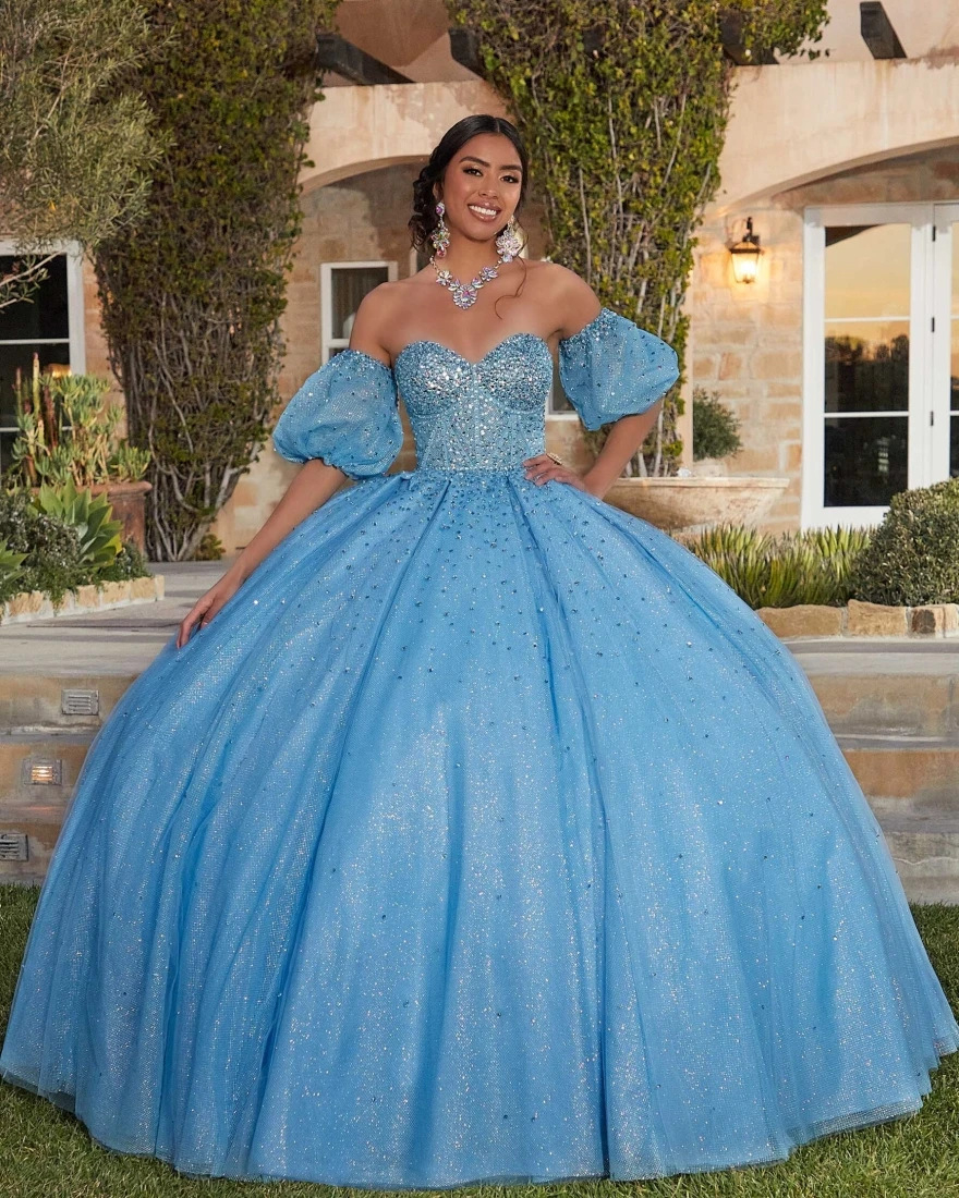 

Lorencia Navy Blue 2024 Quinceanera Dress Beading Puff Sleeve Sweetheart Ball Gown Sweet 15 16 Dress Vestidos De 15 Años YQD127