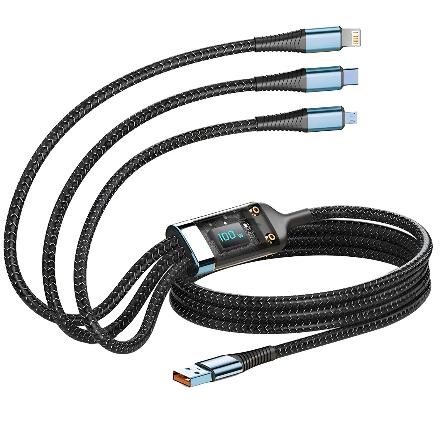 Câble de charge rapide 100W 3 en 1, câble de charge multi-prise en nylon tressé, cordon de charge universel USB multiple avec Type-C Micro
