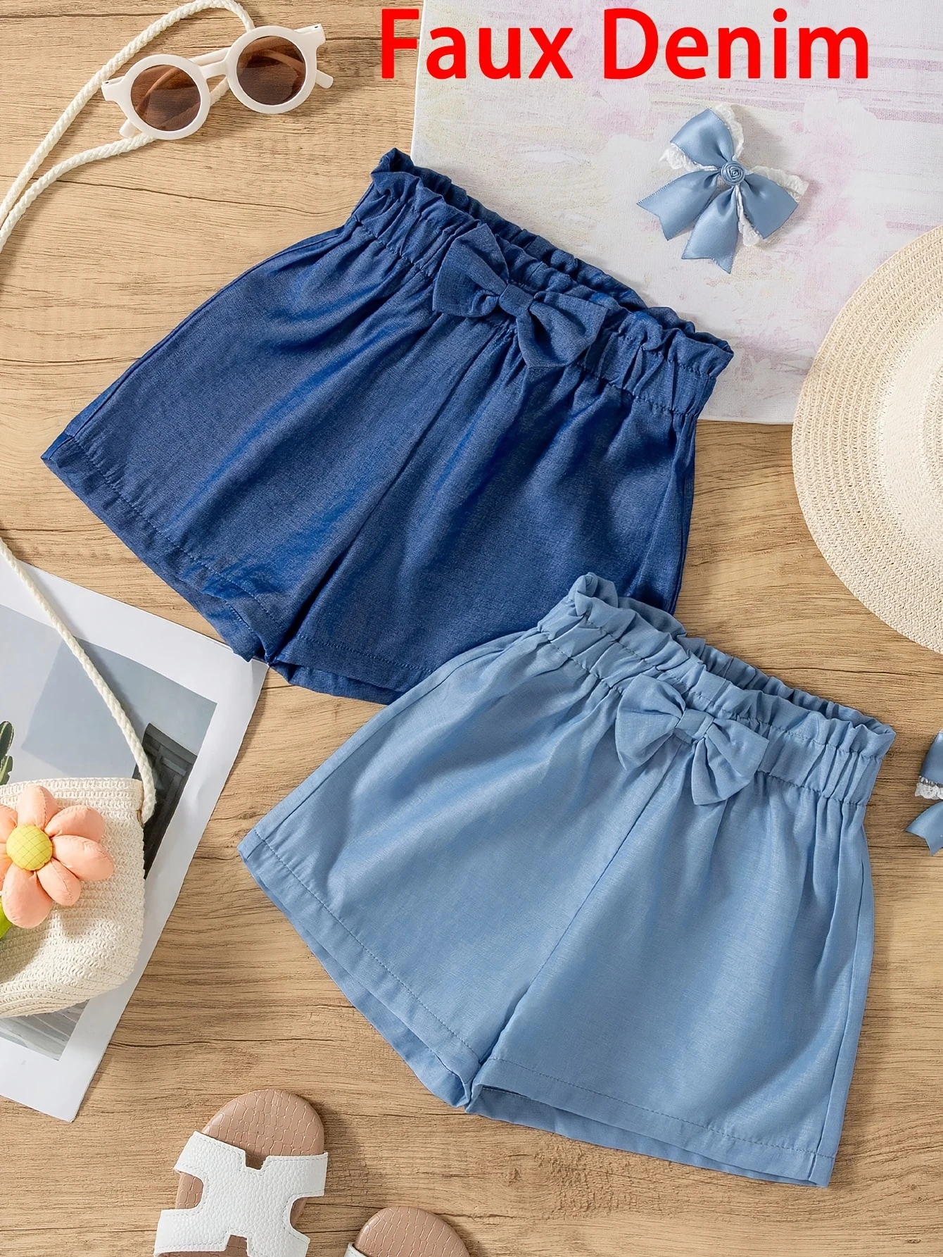 Shorts décontractés pour filles, en faux jean, avec nœud décoratif, volants, taille haute élastique, coupe ample en A, pour l'été, le quotidien et la plage