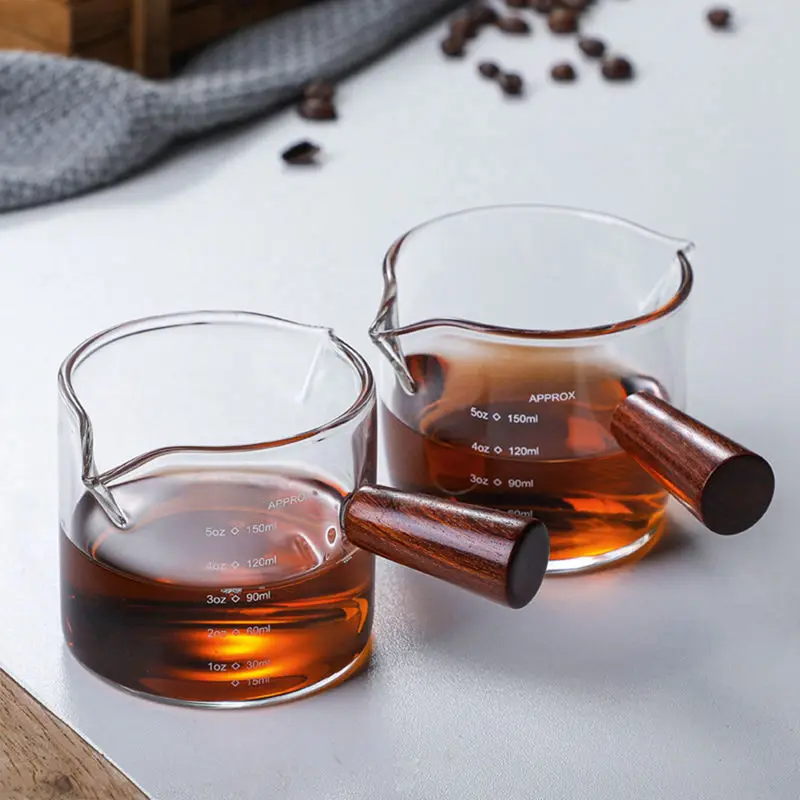 Glass Wood Handle Espresso Measuring Cup Double/Single Mouth Milk Pot Heat-Resistant Coffee Small Cup Scale Measuring Cup