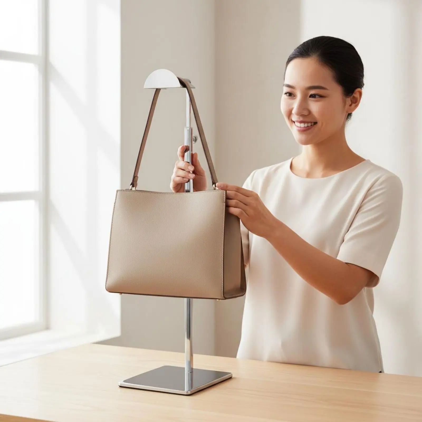 Handbag Display Stand Anti-Rust Purse Hanger Stand Metal Purse Holder Space-Saving Adjustable Handbag Hanger for Retailers