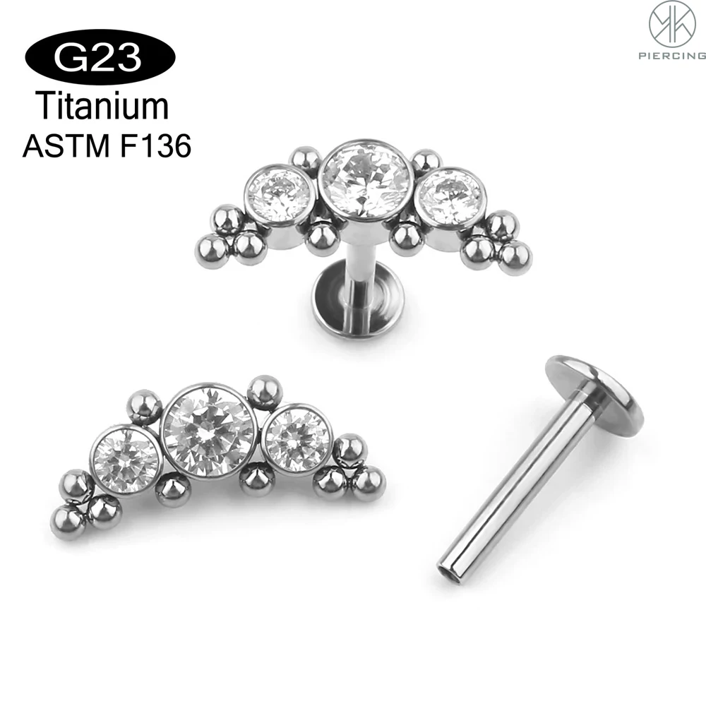 ASTM F136 Titanium 16G 18G Cluster CZ Labret Lip Cartilage Ear Stud Internally Threaded Conch Ring Helix Piercing