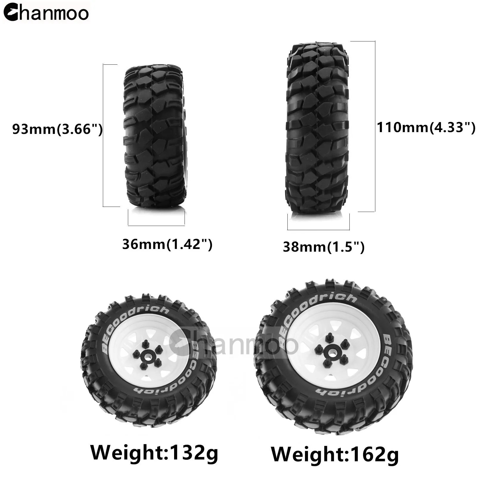 1.9 Gumowe opony z metalowymi felgami do gąsienic 1/10 RC Traxxas TRX4 Axial SCX10 90046 90047 MST HSP Redcat Gen8