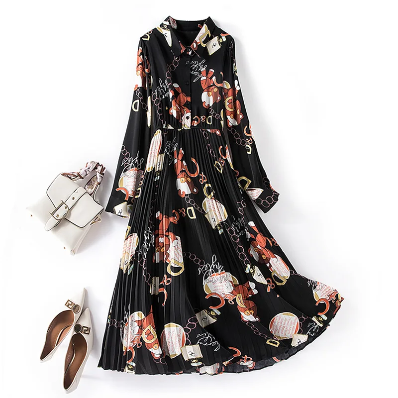 

New Fashion Big Size L-4XL Lady Clothing Autumn Dress Women High Quality Elegant Party Long Loose Dresses Black