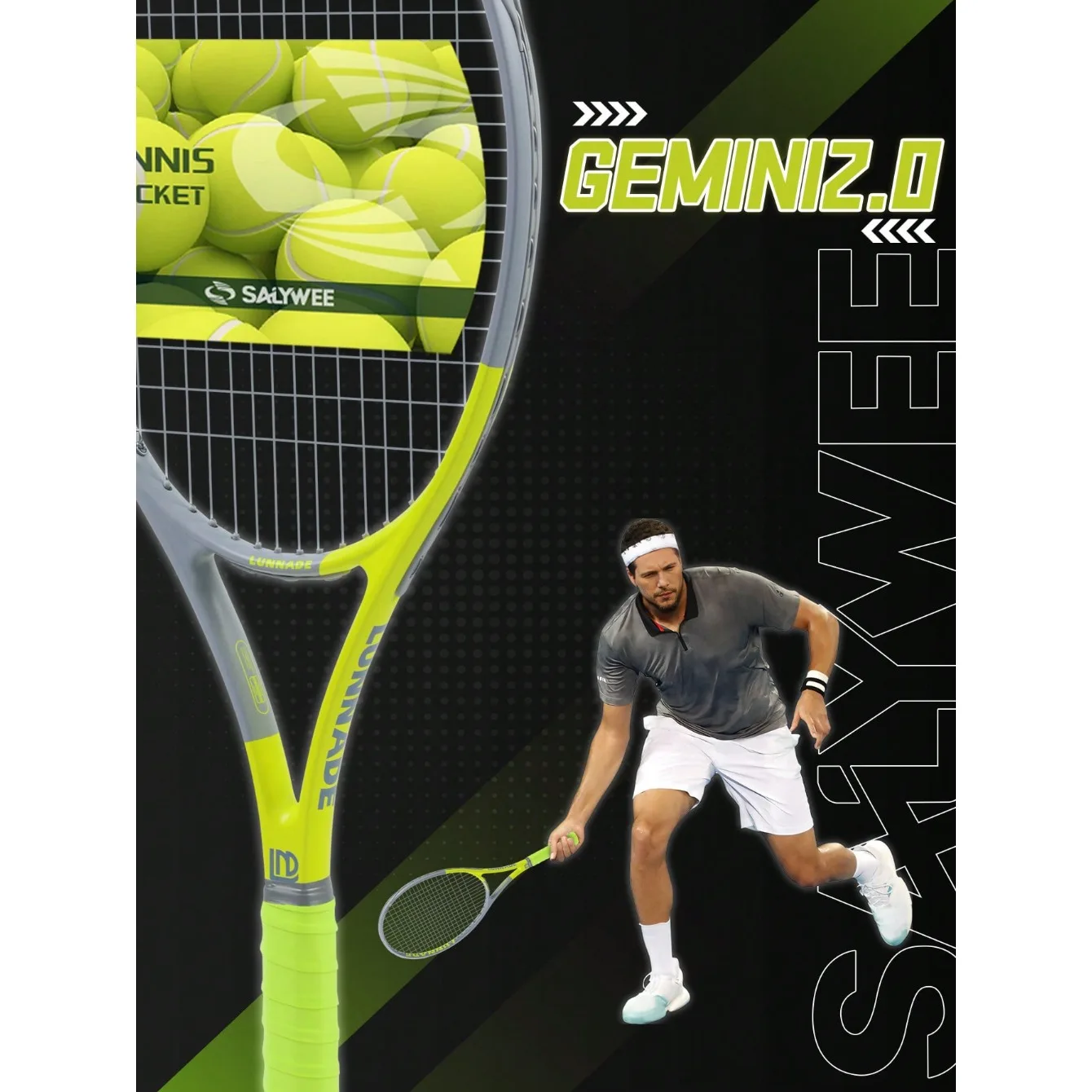 SALYWEE GEMINI2.0 290g Lightweight Carbon Fiber Tennis Racket | 102 In² | Head 50-60 Lbs | 16x19 Spin | Balance 330mm | 6 Colors (High-Visibility Fluorescent Options) | Professional Training Balanced Tennis Racket | US Stock Shipping