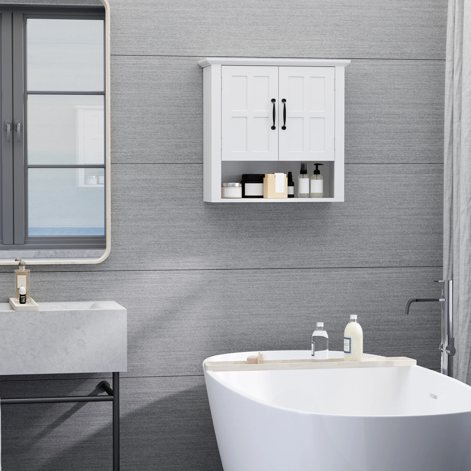 HOMCOM Armario de Pared para Baño con 2 Puertas y Estante Ajustable 60x19,8x58cm
