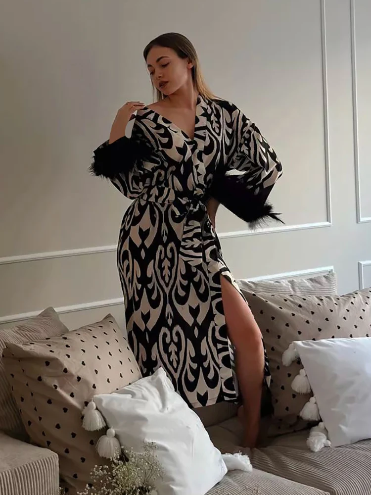 HiLoc Printing Feather Cuffs Robe Nightgown For Women Loose V-Neck Lace-Up Long Nightdress Autumn 2024 Chic Long Sleeves Dress