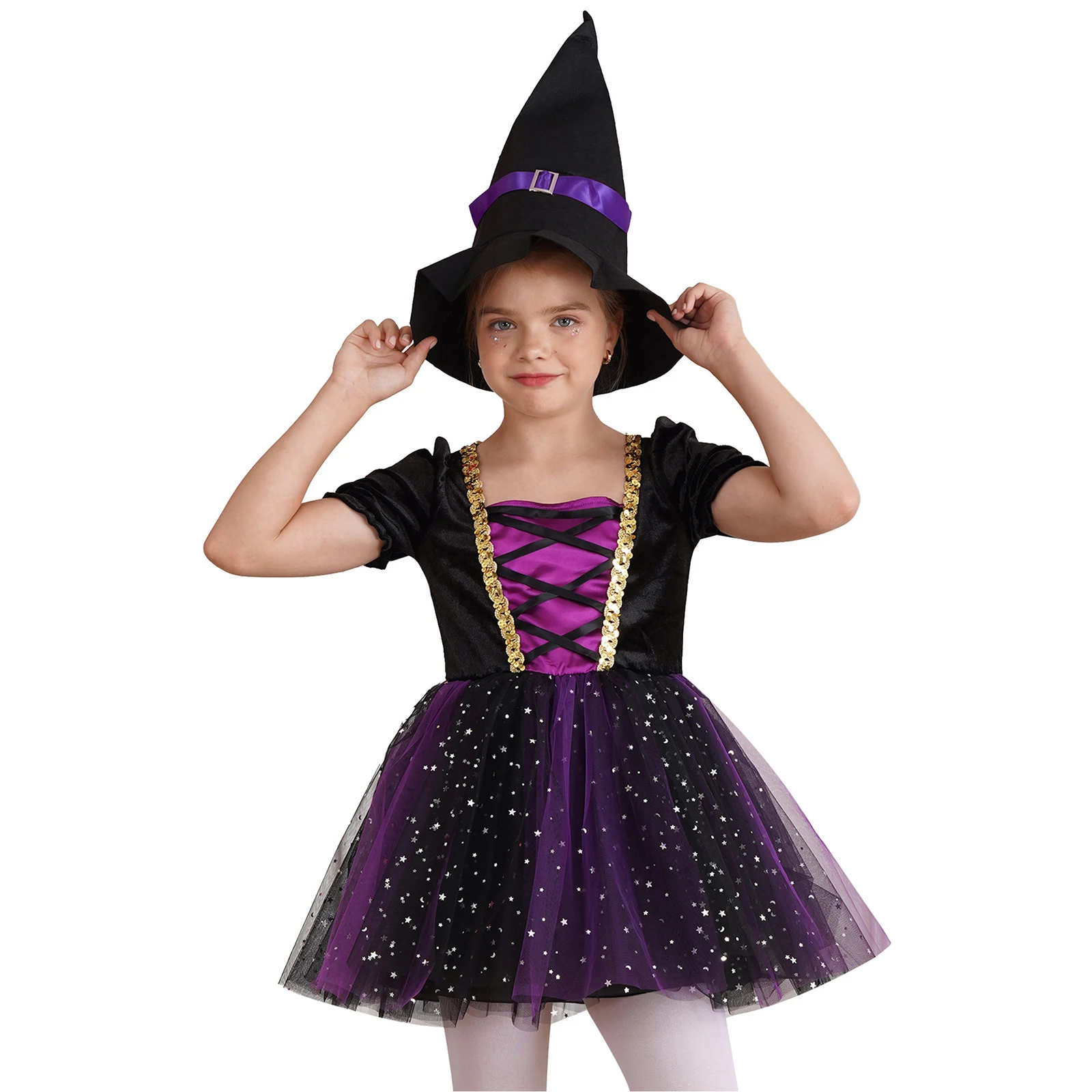 Kids Girls Fairytale Witch Halloween Fancy Dress-up Velvet Bubble Dress with High Magic Hat Dark Queen Costume