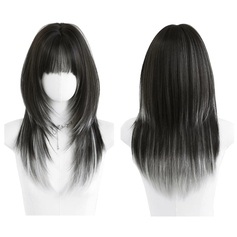 Long Straight Layered Wig With Blunt Bangs For Women Natural Looking Heat Resistant Synthetic Full Head Wig Daily Cosplay Party