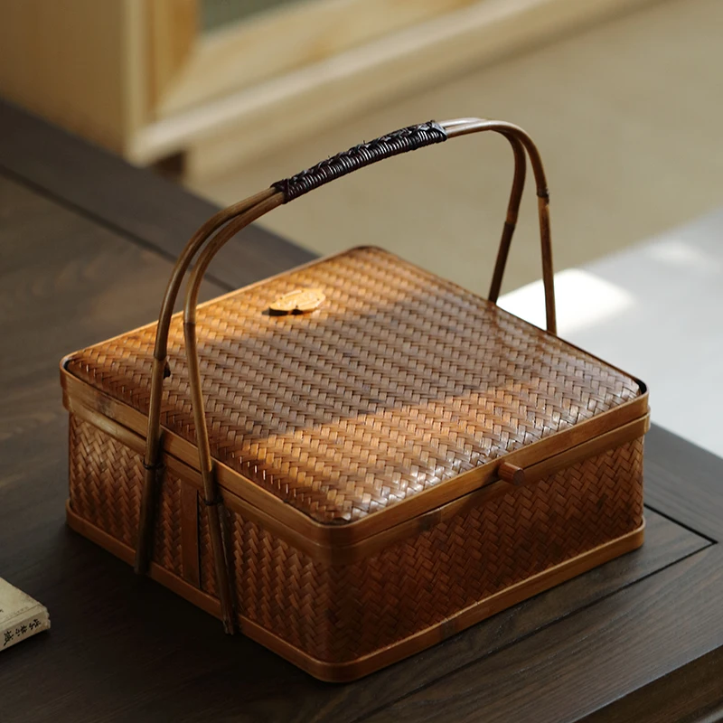 Chinese Antique Hand Basket Natural Bamboo Weaving Mooncake Gift Box Multifunctional Organizer Box Dust With Cover Home Supplies