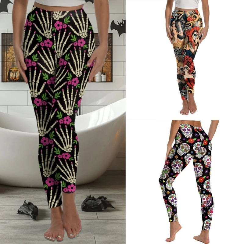 95AB Calça legging feminina com estampa caveira flor para o dia mortos, quente, respirável, cintura elástica, calças