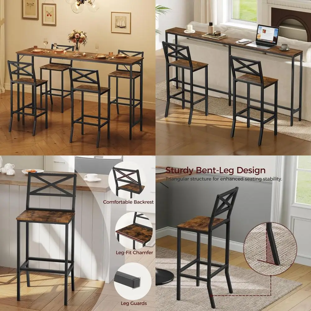 

Pair of 26 High Counter Bar Chairs with Backrest and Footrest, Rustic Brown Kitchen Breakfast Bar Stools for Easy Assembly and D
