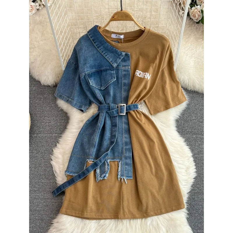 الصيف المرأة الدنيم المرقعة قصيرة الأكمام تي شيرت تيز س الرقبة فضفاضة التباين اللون الجينز تيز مربوط لاعبا القمم #3