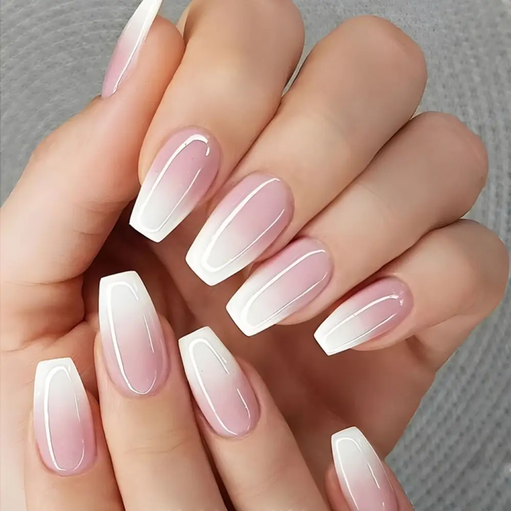 Long Ballerina False Nails New Full Cover Aurora Gradient Pink White Fake Nails French Crystal Detachable Nail Tips Women Girls