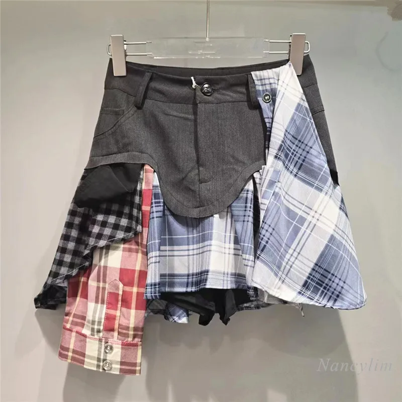 

Irregular Design High Waist Asymmetric Plaid Stitching Gray Suit Skirt for Women Summer A- Line Skirts Female Street Cloth