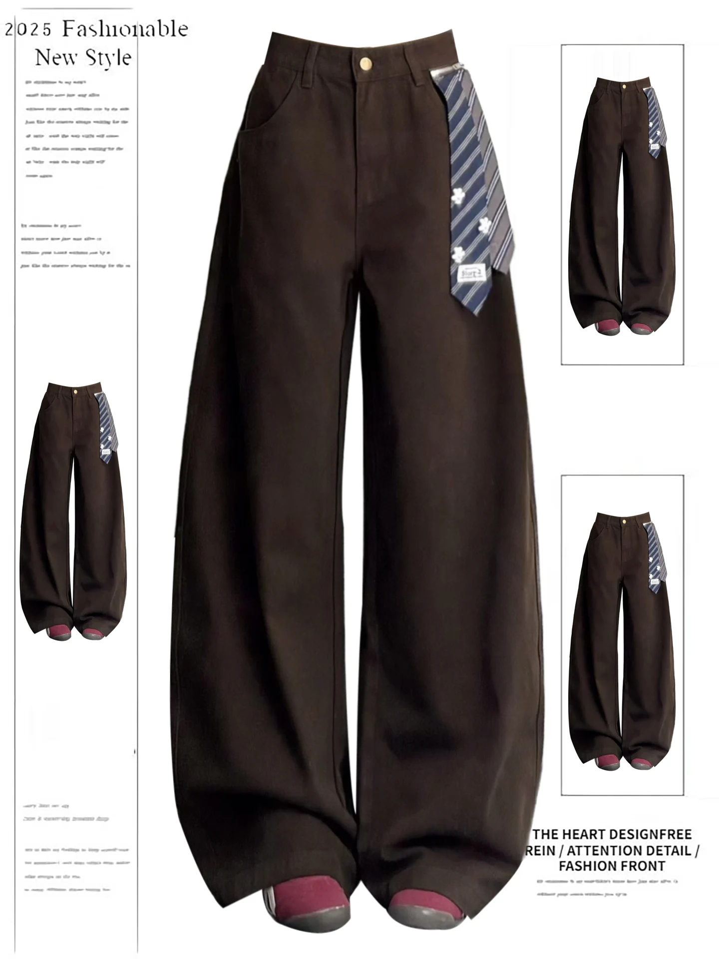 

American Retro Striped Denim Pants Women's Loose Wide Leg Pants Belted Design Casual High Waist Jeans Fall Season Wear