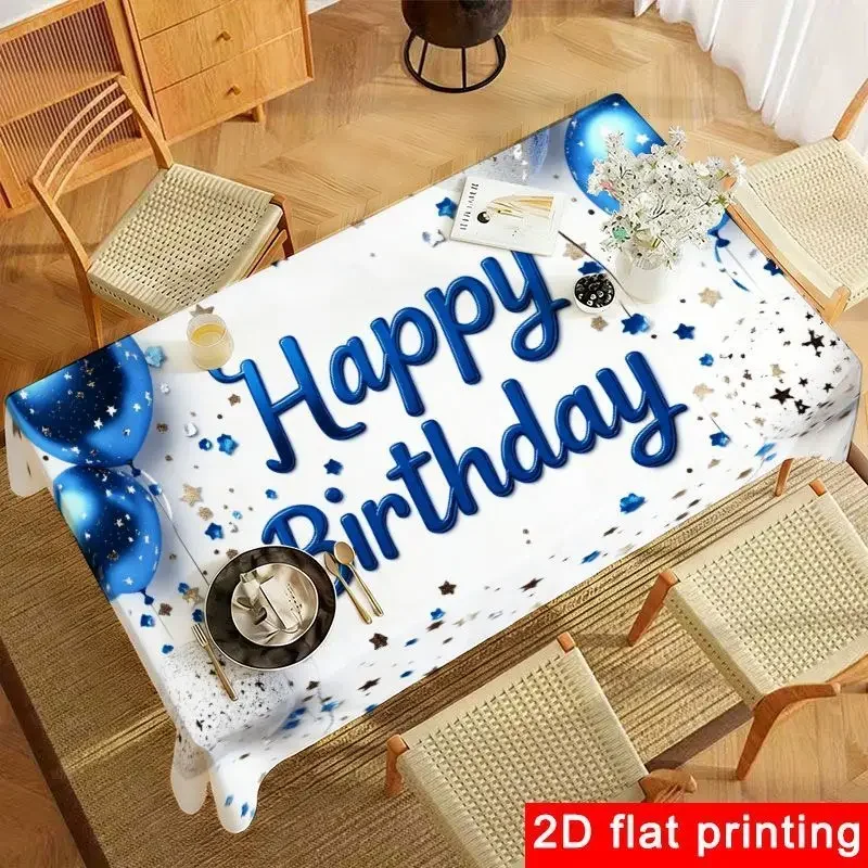 1-piece birthday happy tablecloth - Elegant blue cursive design with metallic balloon pattern, reusable and easy to cleanxzj