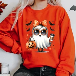 Pulôver fantasma de Halloween feminino, abóbora, estampa de morcego, tops com gola redonda, soltos femininos, outono, inverno, casual, plus size, sem capuz