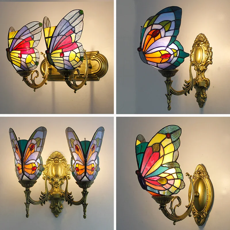 

European Vintage Tiffany Butterfly Bathroom Villa Toilet Hotel Bedroom Wall Lamp